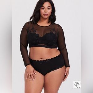 Embroidered Mesh Long Sleeve Crop Top